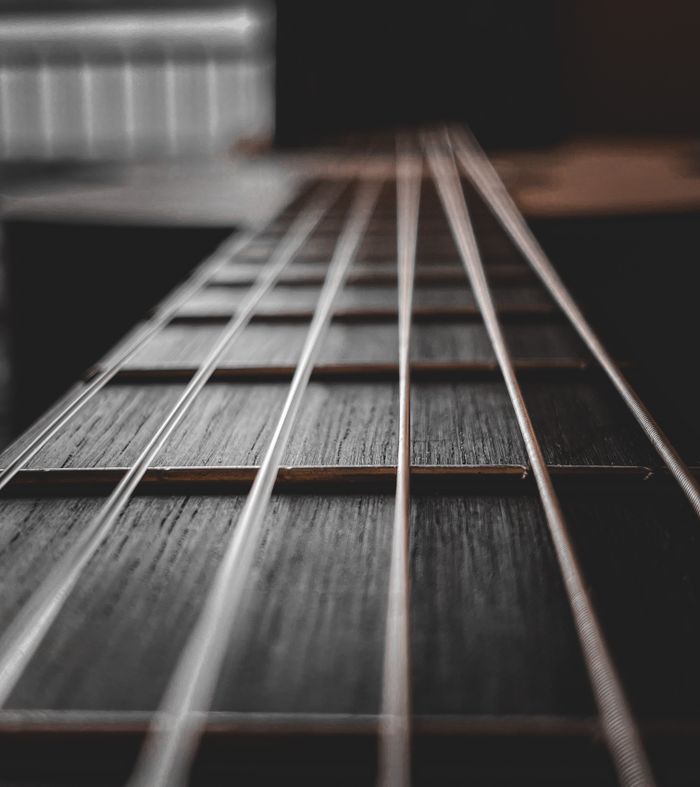 Detailed close-up of an acoustic guitar fretboard showcasing the strings in focus.